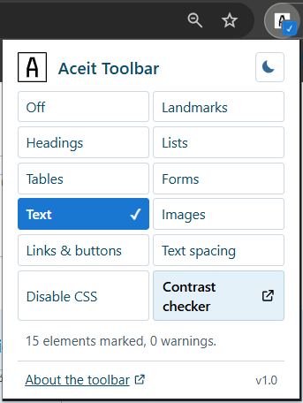 Skärmbild: Aceit Toolbars meny i webbläsaren, med knappar för olika inspektionslägen som landmärken, rubriker, listor, tabeller, formulär, text, bilder, länkar, textavstånd och inaktivera CSS.
