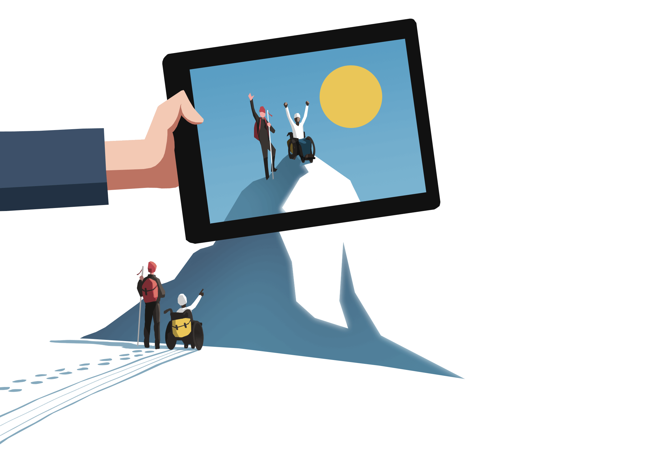 Illustration: Two adventurers are standing and sitting at the foot of a mountain. Above them, a large hand holds a tablet showing the adventurers reaching the mountain top.