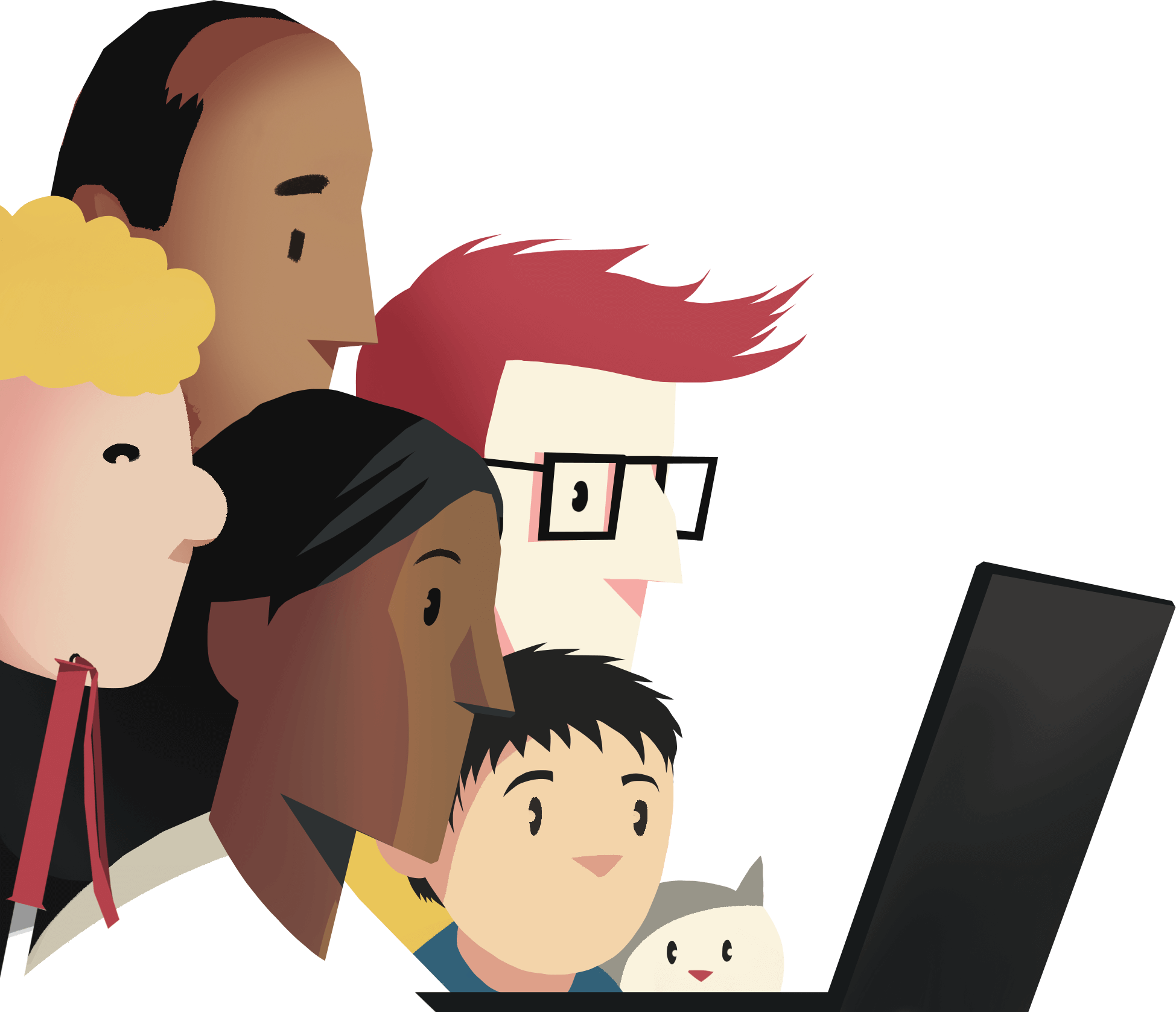 Illustration: Olika användare samlade framför en datorskärm.