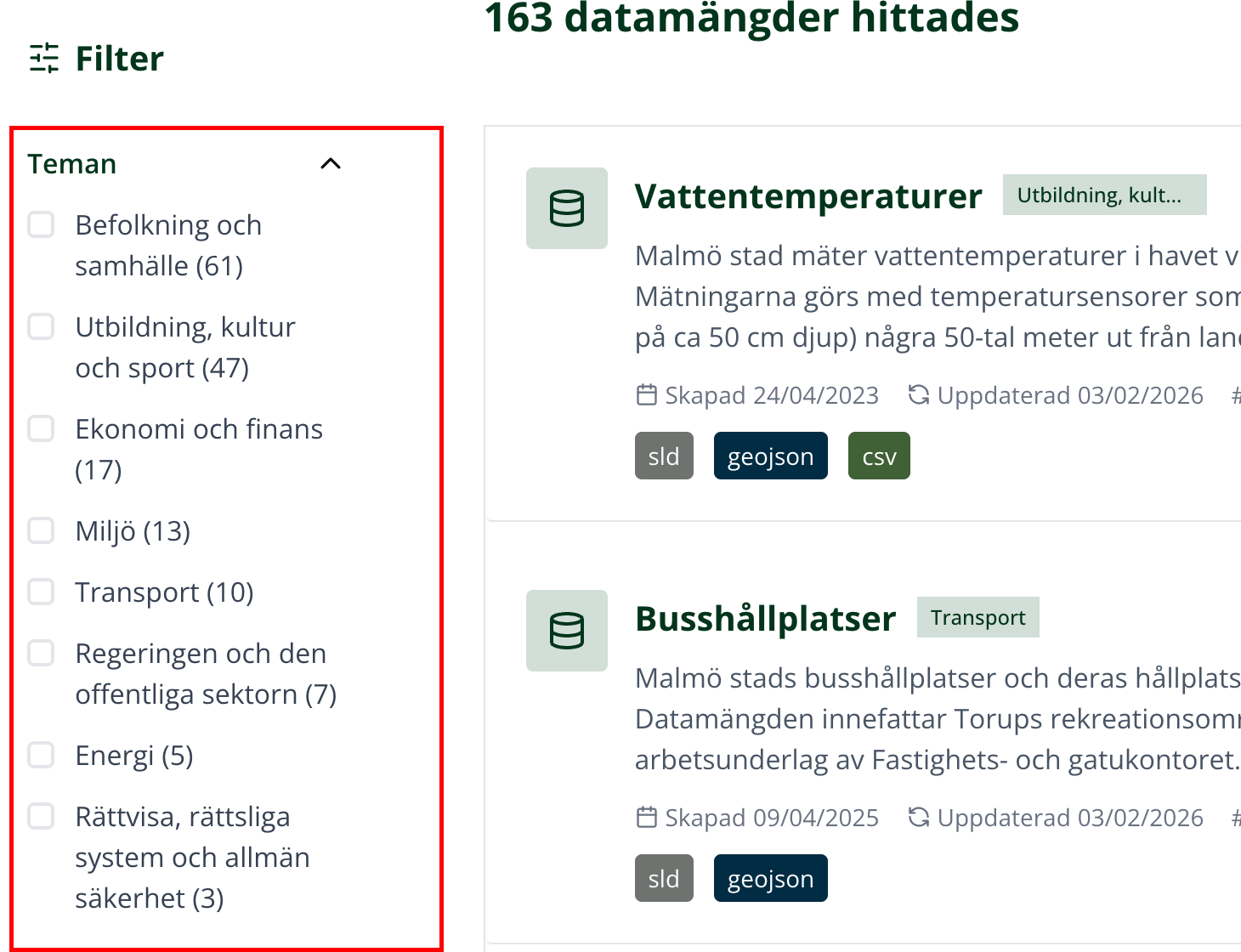 En röd ram markerar filtreringsalternativ.
