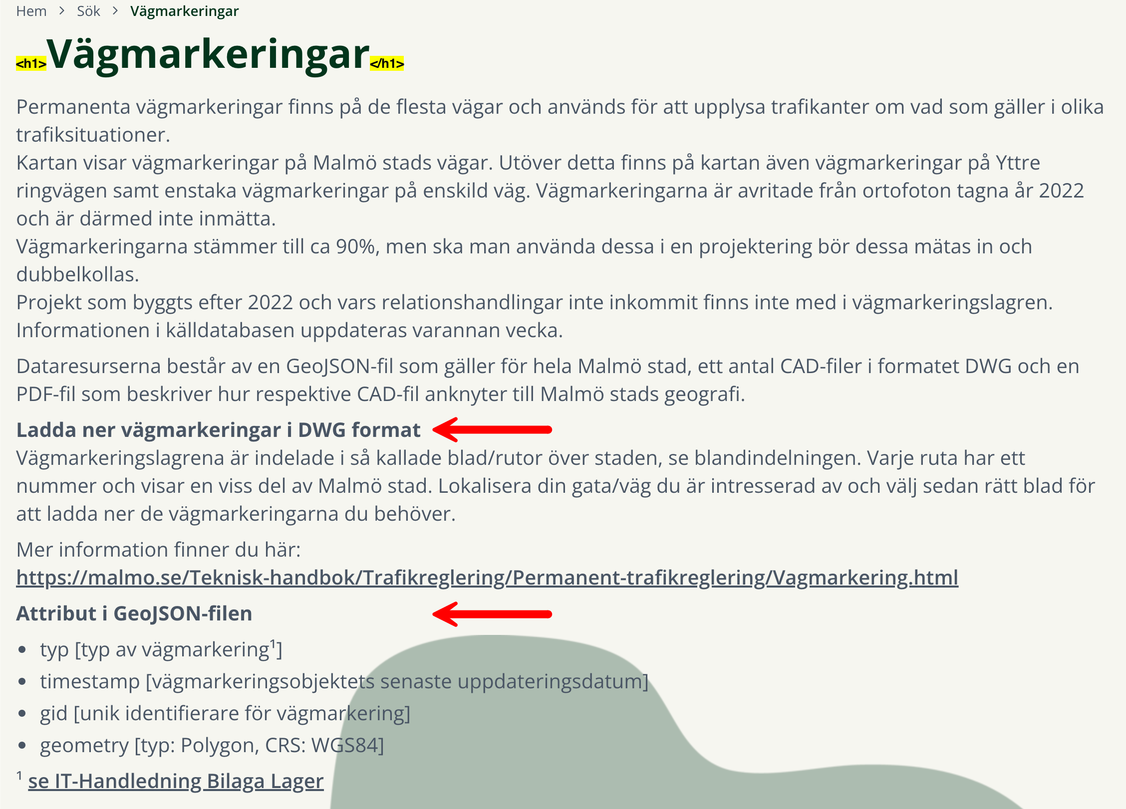 Röda pilar pekar på visuellt utformade rubriker på sidan Vägmarkeringar.