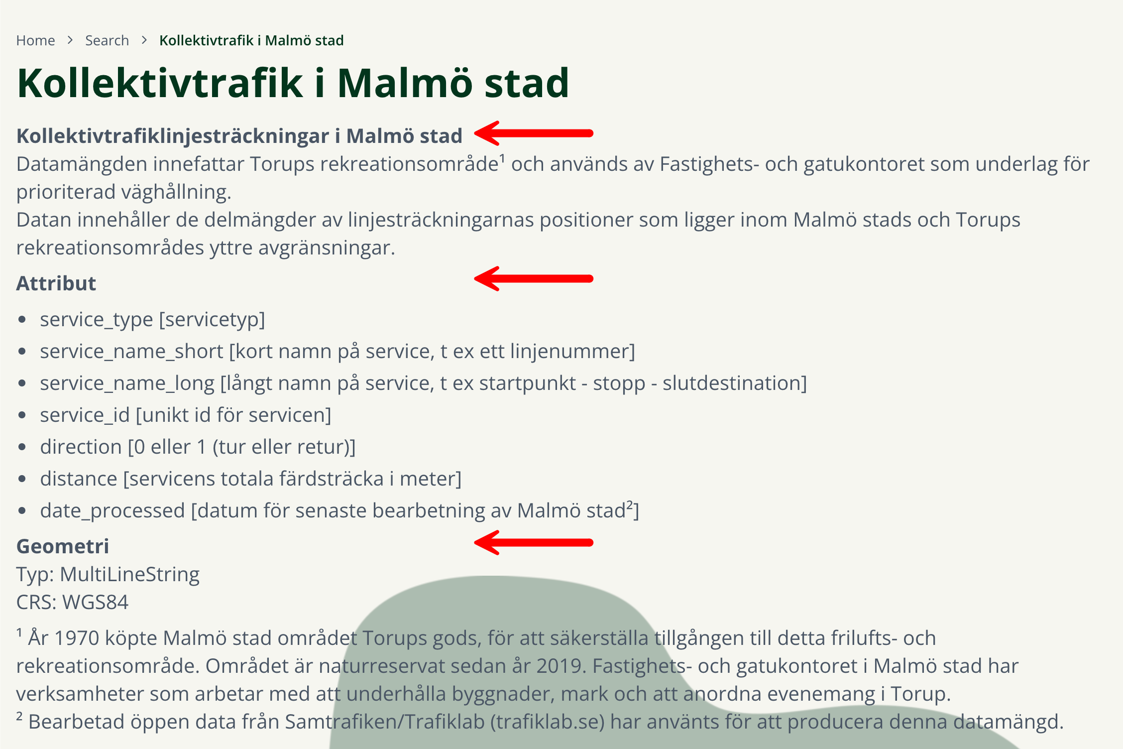 Röda pilar pekar på visuellt utformade rubriker på sidan Kollektivtrafik i Malmö stad.