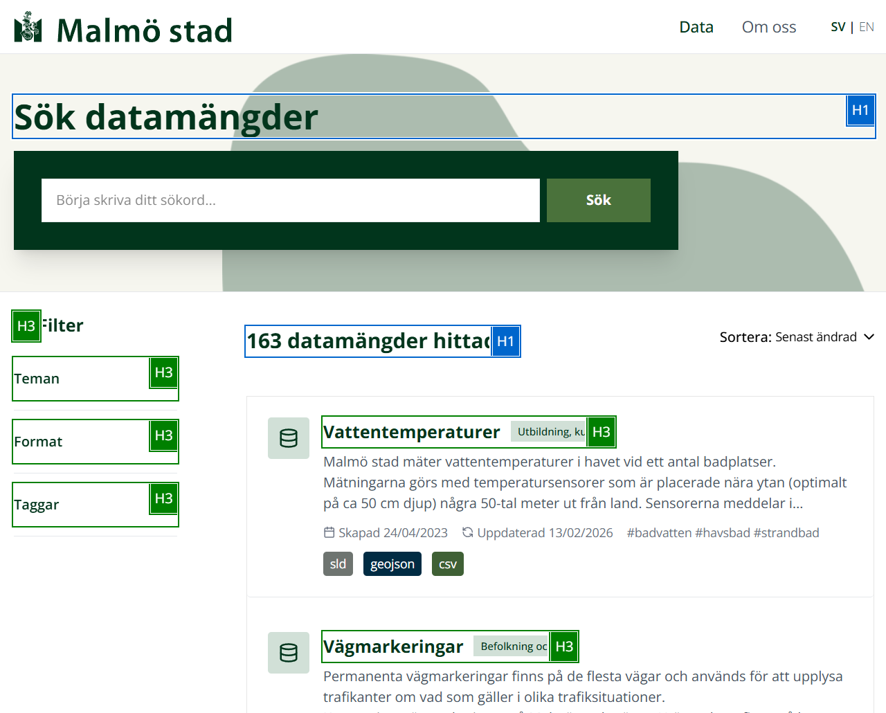 Rubriker på en kategorisida är framhävda med verktyget Accessibility Insights.