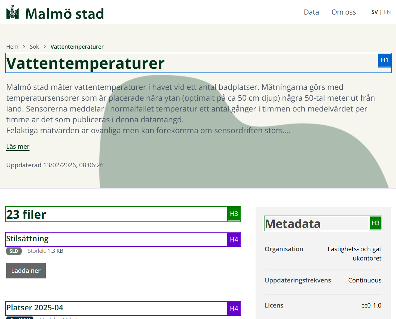 Rubriker på en innehållssida för data om vattentemperaturer är framhävda med ett verktyget Accessibility Insights.