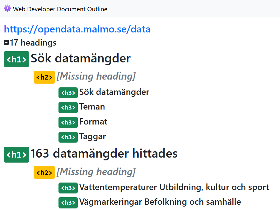 Hierarkin i rubrikstrukturen på en innehållssida visas i verktyget Web Developer.