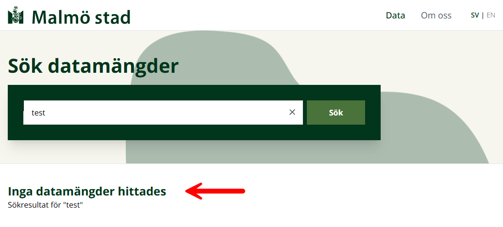 En röd pil pekar på en text som återger att inga träffar hittades vid en sökning på ordet "test".