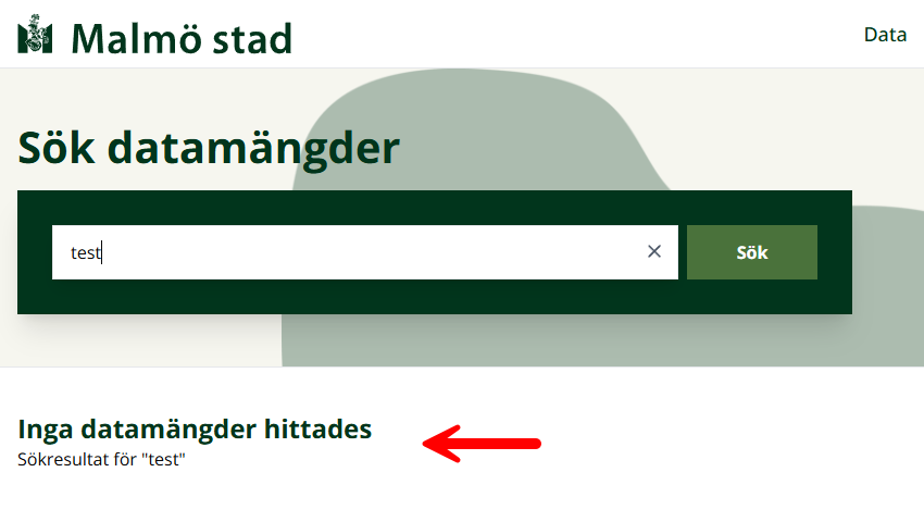 En röd pil pekar på ett vagt formulerat meddelande som bara säger "Inga datamängder hittades".